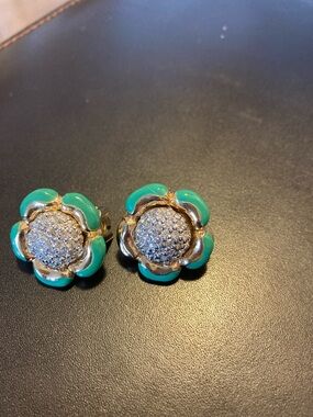 Gold and Turquoise Flower Clip-On Earrings - Women Jewelry